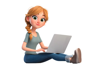 Young Woman with Laptop PNG – Female Student or Professional Working on Computer Illustration with Transparent Background

