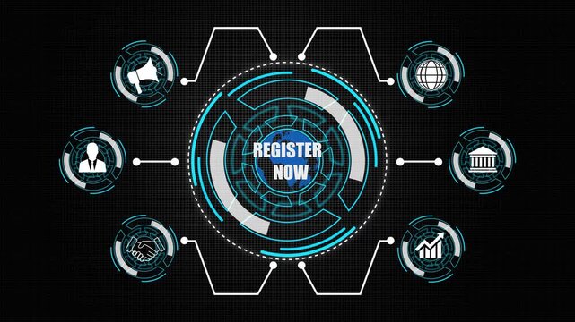 A Register Now concept button on a futuristic. Hi tech motion graphic background, white flickering dots on blue background. Business, Technology, Internet and network concept. 4k animation 
