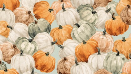 Watercolor illustration of assorted pumpkins in various colors creating a pattern for fall harvest