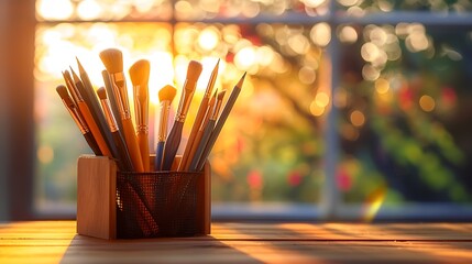Golden light illuminates paintbrushes and pencils in a holder, creating a warm, artistic atmosphere.