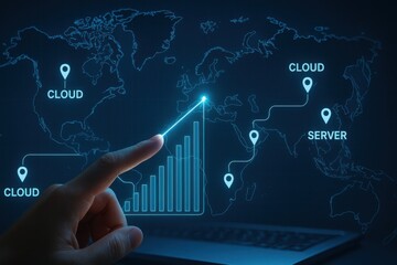 Naklejka premium Global Cloud Infrastructure Interface with Server Locations and Data Flow Visualization 