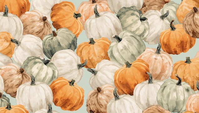 Watercolor illustration of assorted pumpkins in various colors creating a pattern for fall harvest