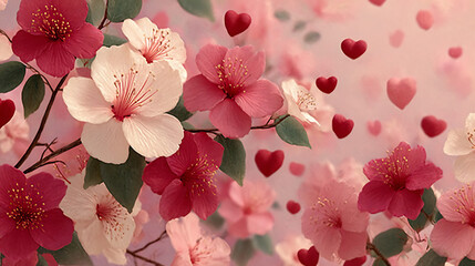 heartfelt celebration design with scattered red hearts and flowers on a pastel pink background for a romantic occasion