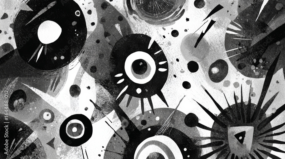 Poster Abstract black and white art with circular shapes, dots, and spiked patterns creating dynamic and energetic composition
