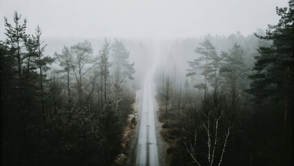 A misty road between birch and pine trees.