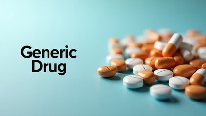 Generic Drug. Close up of assorted orange white pills scattered on blu