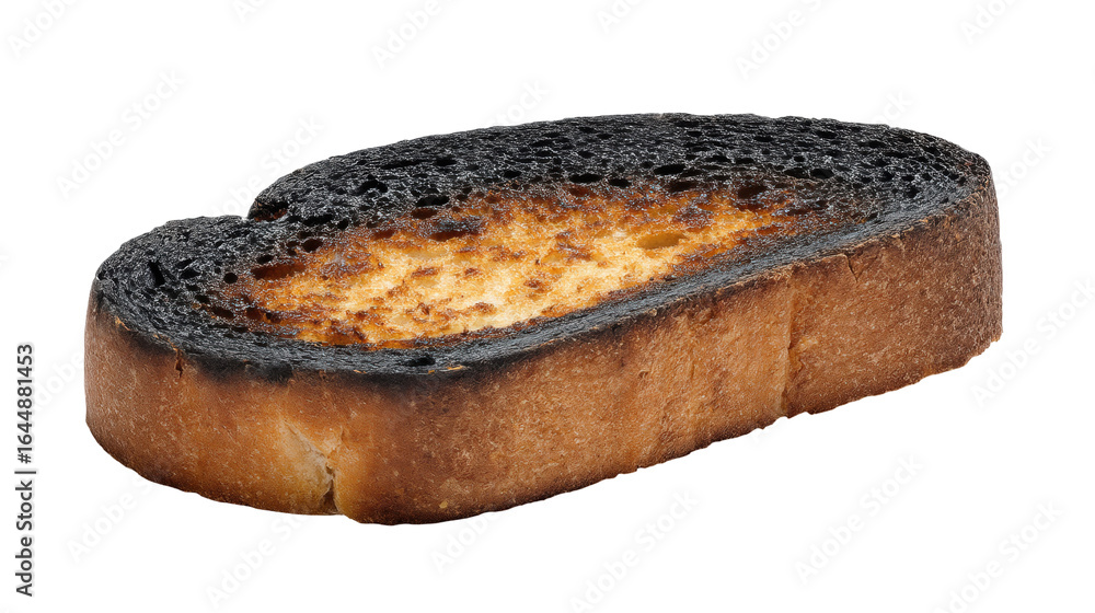 Poster burnt slice of bread isolated on transparent background with crispy texture and dark edges