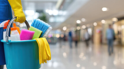Professional cleaner carrying a bucket with various cleaning supplies in a commercial building.