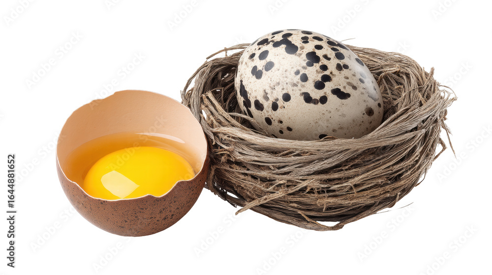 Poster quail egg with yolk in cracked shell isolated on transparent background with nest
