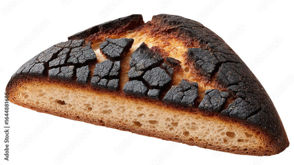 Poster burnt bread slice isolated transparent background showing cracked blackened crust and soft inside