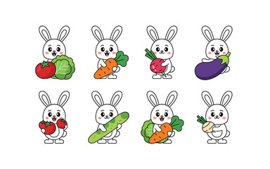 Naklejka premium Cute Rabbits Holding Vegetables: Whimsical Cartoon Set for Children's Illustration, Educational Materials, and Springtime Designs featuring Healthy Eating and Farm Fresh Foods