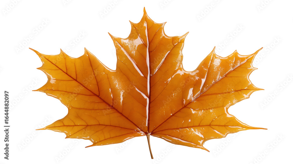 Poster glossy orange maple leaf isolated on transparent background with wet texture and veins