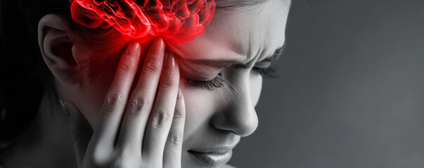 Woman holding head in pain with red highlighted brain area showing headache or migraine discomfort