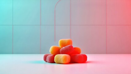 Hair Gummies. Colorful gummy candies stacked with pink blue lighting o