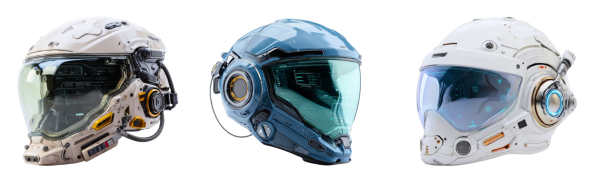 Set of advanced VR helmets with futuristic digital design features isolated on a white or transparent background