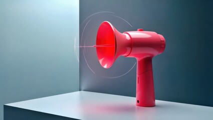 Handheld turbo fan. Red megaphone on white table blue background annou