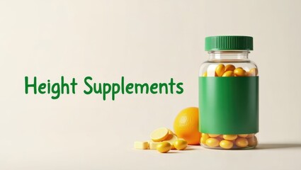 Height Supplement. Green bottle with yellow capsules and orange fruit,