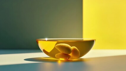 High Phenolic Olive Oil. Yellow lemons in transparent bowl bright mini