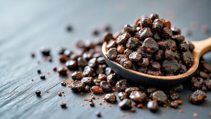 Himalayan Shilajit Resin. Close-up dark chocolate granules in wooden s
