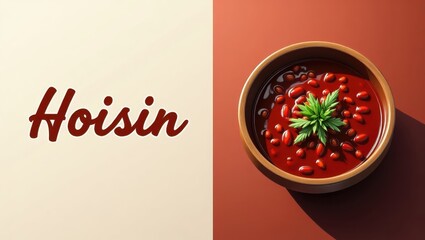 Hoisin. Hoisin sauce bowl red chili pepper fresh herb close up spicy c