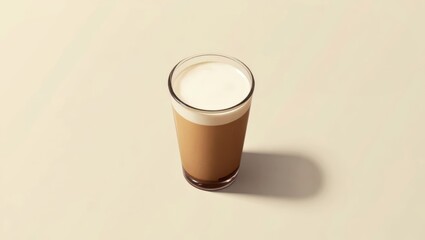 Hojicha Latte. Cold iced coffee glass on beige table with shadow minim