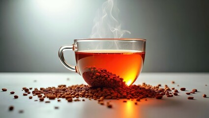 Hojicha Latte. Transparent glass cup with hot black tea and scattered 