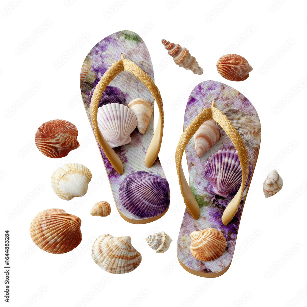 Poster flip-flops with seashells isoleted on transparent background.