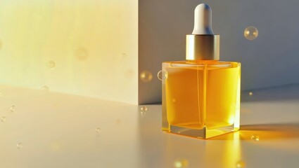 Honey Serum. Amber serum bottle with dropper on reflective surface, sk