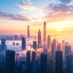 Fototapeta premium Sunrise cityscape with skyscrapers emerging from a low-lying fog
