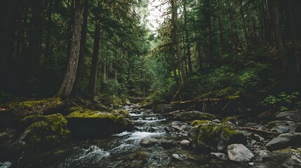 Lush forest stream flowing through mossy rocks.
