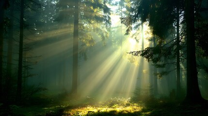 Naklejka premium Sunlight streams through a misty forest.