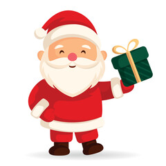 A cute Christmas Santa Claus holds a gift in green packaging with a bow in one hand. A vector illustration for a holiday, a card and a New Year's banner.