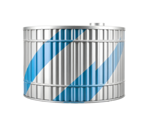 Metallic cylindrical container with blue diagonal stripes