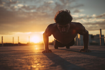 Athletic man doing push-ups on a rooftop gym at sunrise