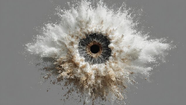 Eye in a cloud of light brown and white powder explosion - Powered by Adobe