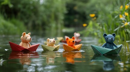 Stuffed animals floating paper boats in a calm tidal pool