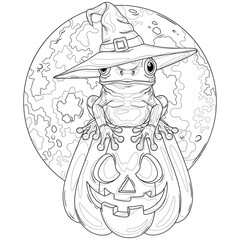 Halloween frog sitting on a pumpkin and full moon.Coloring book antistress for children and adults. 