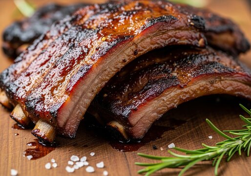 Perfekt glasierte Spareribs, angerichtet auf rustikalem Holzbrett - BBQ