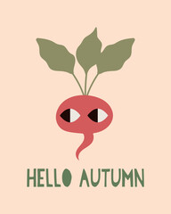 Vector illustration of a whimsical radish character with expressive eyes and green leaves
