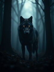 A majestic black wolf with glowing eyes stands in a dark, misty forest.  The image evokes mystery and wildness.  Perfect for fantasy or nature themes.