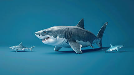 Fototapeta premium A large realistic toy shark swimming with smaller toy fish against a bright blue background
