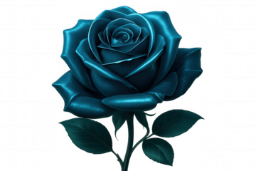 Beautiful, metallic blue rose with stem and leaves, isolated on a transparent background, perfect for design projects