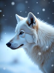 Majestic arctic wolf portrait in snowy winter scene.  Digital painting, ideal for wildlife, nature, and winter themes.