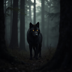 A majestic black wolf with glowing eyes stands on a forest path shrouded in mist.  Dark, moody atmosphere.  AI-generated image.