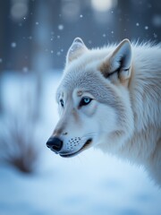 Majestic arctic wolf portrait in snowy winter landscape.  Stunning blue eyes, serene expression.  AI-generated image.