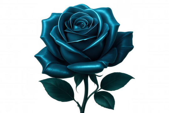 Beautiful, metallic blue rose with stem and leaves, isolated on a transparent background, perfect for design projects