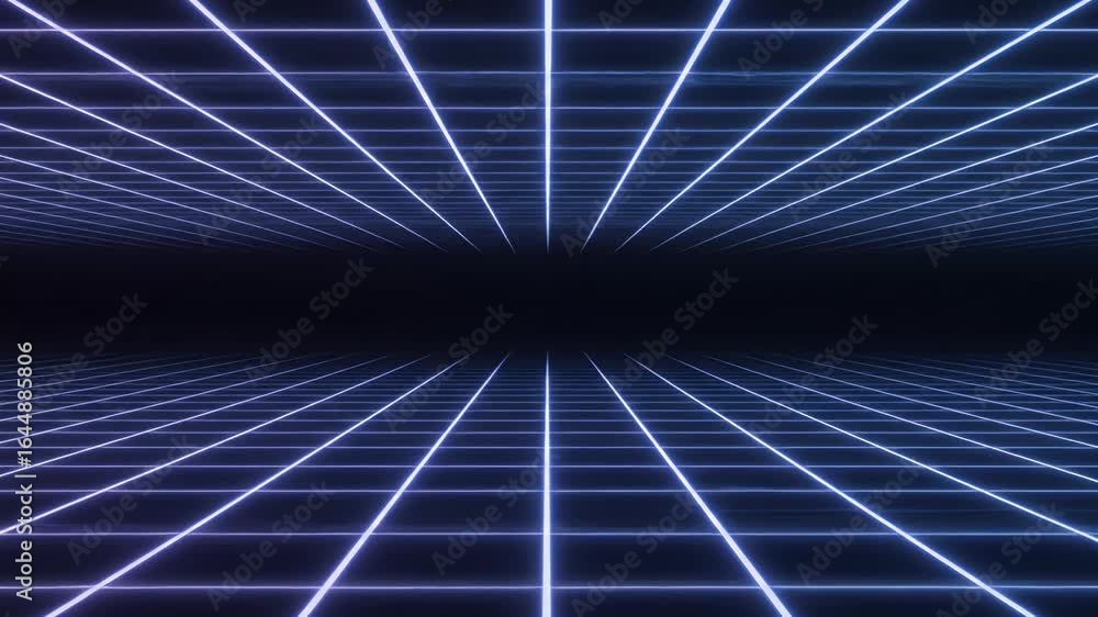 Poster flying through endless glowing neon grid landscape in retro synthwave style