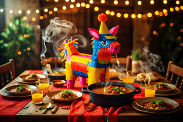 Festive dinner party with a colorful piñata centerpiece