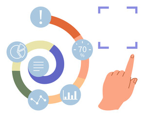 Hand gesture near circular chart with icons representing data, percentage, and statistics. Ideal for analytics, technology, marketing insights, progress tracking, business strategy, user interface