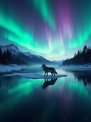 Majestic wolf stands on a frozen river, silhouetted against a vibrant aurora borealis illuminating snowy mountains.  A breathtaking winter landscape.